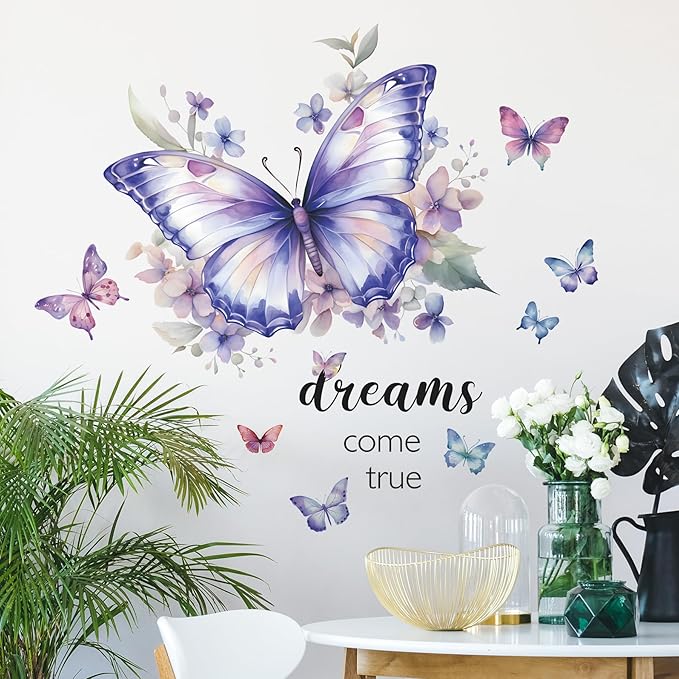 Purple Butterfly Wall Decals Removable Butterfly Flower Wall Stickers Peel and Stick Butterflies Wall Decor Stickers for Kids Girls Bedroom Nursery Bathroom Decorations VA-G006