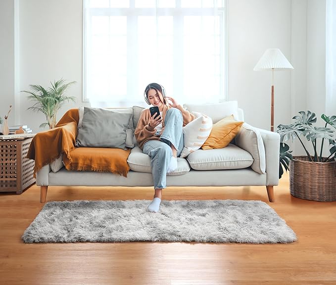 ONASAR 2x6 Runner Rugs for Bedroom Living Room, Washable Fluffy Tie-Dyed Light Grey Bedside Hallway Throw Area Rug, Ultra Soft Plush Furry Floor Carpet Mat for Nursery Kids Dorm Closet Home Decor