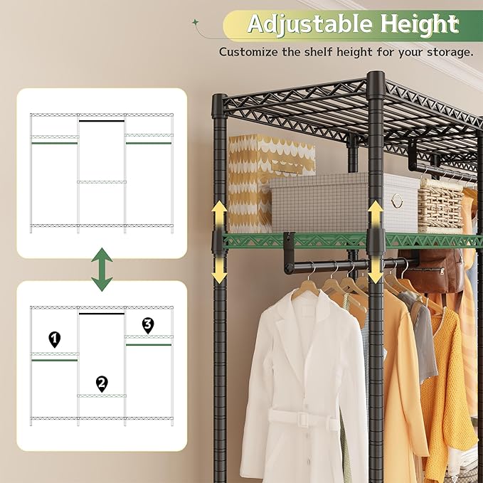 Raybee Heavy Duty Clothes Rack Load 800 LBS, Adjustable Clothing Racks for Hanging Clothes, Clothing Rack with Shelves for Bedroom,Basement 56''W x 15.7''D x 75.4''H, Black