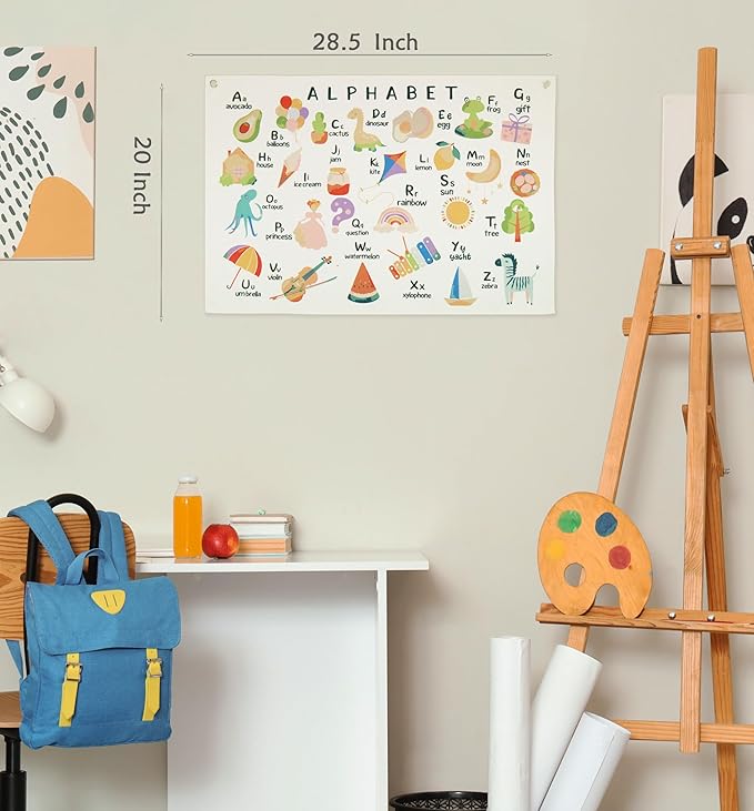Alphabet ABCD Nursery Rectangular Canvas Banner-Boho Flag Wall Art for Boy Girl Kids,Above Crib Nursery Kindergarten Reading Room Playroom Decor-Baby Growth Stuff-Baby Shower Birthday Christmas Gift
