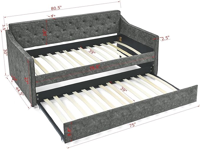 Bellemave Twin Upholstered daybed with Trundle, Polyester Sofa Bed Twin Size, daybed with Trundle for Adults, Kids, Girls, Teens, for Living Room, Grey