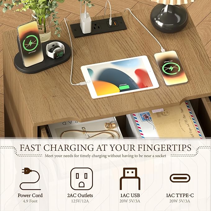 XIAO WEI End Table with 20W Fast Charging Station, Fluted Sofa Side Table with Storage, 21.7" Taller End Table with Drawer and Open Shelf, End Table for Living Room,Natrual