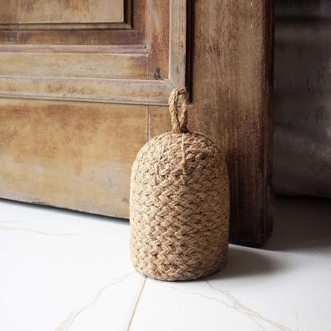 Natural Wicker Door Stopper with Handle, Decorative Door Stop, Heavy Indoor Doorstop, Rustic Farmhouse Blocker Jammer 5.1''D x 7.5''H (Jute)