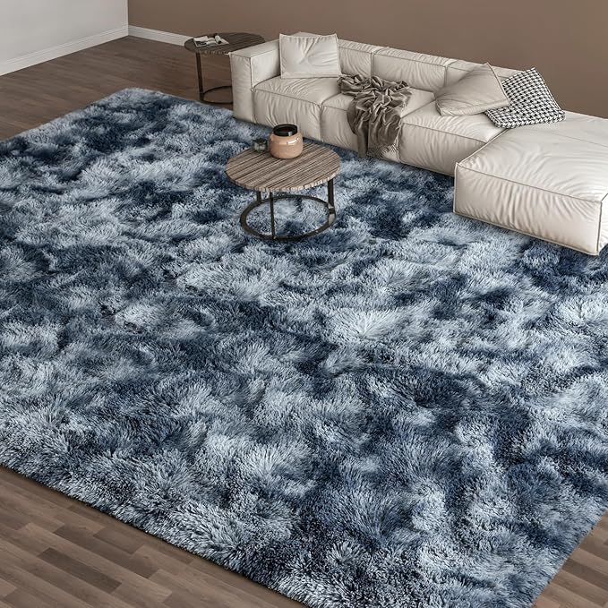 EVOIONOS Area Rug for Living Room Bedroom, Washable 7x10 Fluffy Shag Large Rug, Soft Plush Non Slip Carpet for Indoor Floor Bedside Nursery Kids Room, Dorm, Home Decor Aesthetic, Tie-Dyed Blue Grey