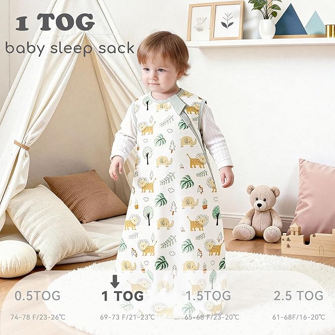 Baby Sleep Sack 12-18 Months 1.0 TOG, 100% Cotton Baby Wearable Blanket with 2-Way Zipper, Infant Toddler Sleeping Sack for Newborn Boys and Girls, Green & Lion