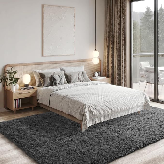 Merelax Modern Soft Fluffy Small Shaggy Rug for Bedroom Livingroom Dorm Kids Room Indoor Home Decorative, Non-Slip Plush Furry Fur Area Rugs Comfy Nursery Accent Floor Carpet 7X10 Feet,Dark Grey