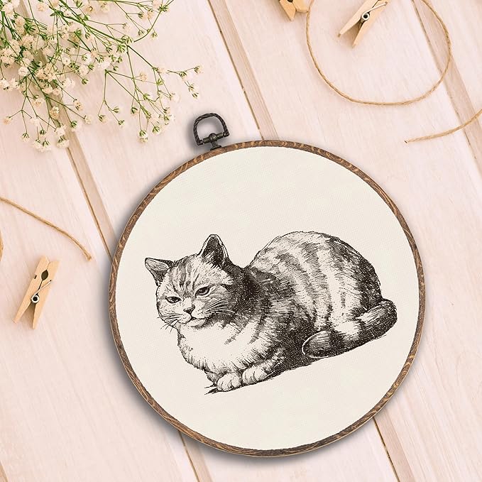 Vintage Cat Round Wall Art Framed, Cat Lover Mom Lady Gifts Round Wall Decor, Retro Pet Kitty Kitten Hanging Canvas Prints Wall Sculptures for Bedroom Living Room Home Decor, 10x10 Inch