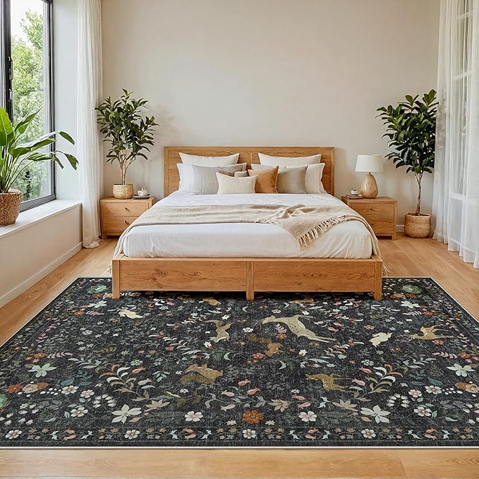 6x9 Area Rugs for Living Room Floral Animal Print Carpet Washable Non-Slip Large Rug Low Pile for Indoor Bedroom Dining Room Nursery Home Office Farmhouse Kids Play Room Black
