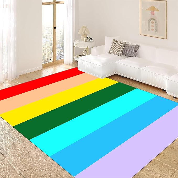Soft Rainbow Area Rugs Girl's Bedroom Fluffy Colorful Rugs Furry Kids Play Mats Simple Rainbow Line Print Living Room Kids Room Nursery Home Decor 4x6ft