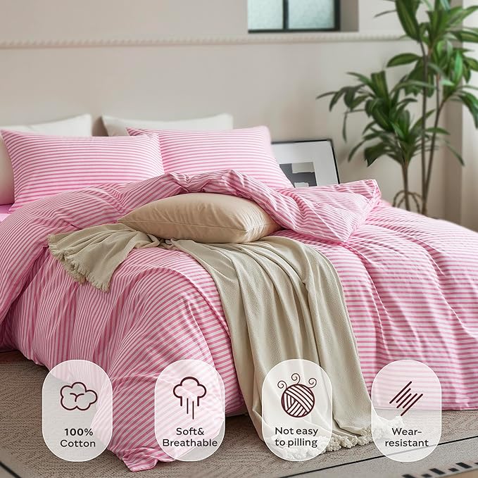 JELLYMONI Queen Duvet Cover Set, Cotton Duvet Cover 2 Pieces with Zipper Closure, 1 Duvet Cover and 2 Pillowcases(Pink with White Striped)