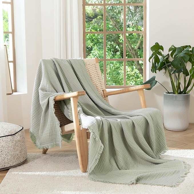MooMee Muslin Blanket - 100% Cotton 4-Layer Gauze Throw Blanket with Tassels Ultra-Soft Breathable Lightweight Cooling for Bed Couch (Sage Green, Queen 90" x 90")