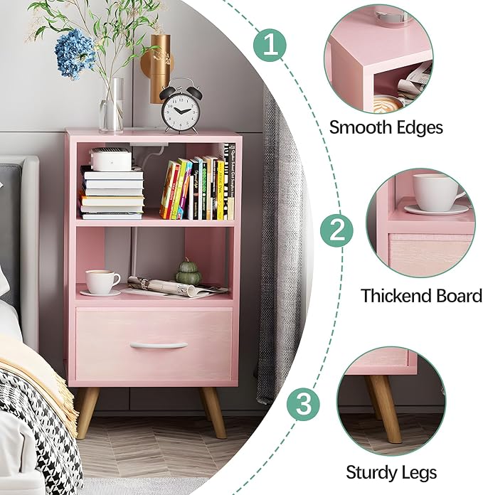 Night Stand with Charging Station, Pink Kids Nightstand with Drawer, 3-Tier Nursery Bedside Table with USB Ports and Outlets, End Table for Small Space, Living Room, Bedroom