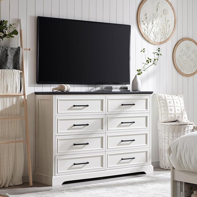 ACCOHOHO Farmhouse 8 Drawers Dresser Chests for Bedroom,52" Wide Wood Rustic Chest of Drawers with Metal Handle,Natural Texture,Drawer Organizer for Bedroom,Living Room,Hallway and Entryway,White