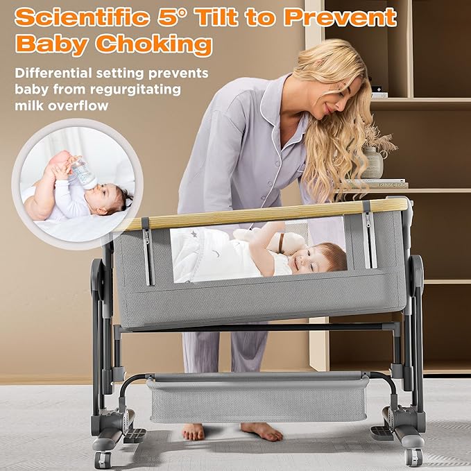 4 in 1Baby Bassinet,Bedside Bassinet for Baby, Rocking Bassinet with Comfy Mattress and Wheels, 7 Height Adjustable Easy Folding Portable Bedside Crib for Newborn