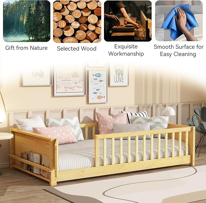 Twin Toddler Floor Bed with High Rails, Wooden Montessori Bed Frame with Door & Built-in Book Rack, Twin Size Bed Frame for Kids, Boys and Girls, Natural