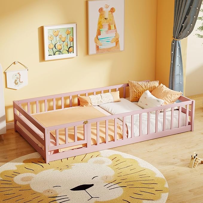 KOMFOTT Twin Size Wood Floor Bed with Door & Fence, Montessori Bed Frame with Full Length Safety Guardrails, Door & Latch, Wooden Montessori Floor Bed for Kids, Girls, Boys (Twin,Pink)
