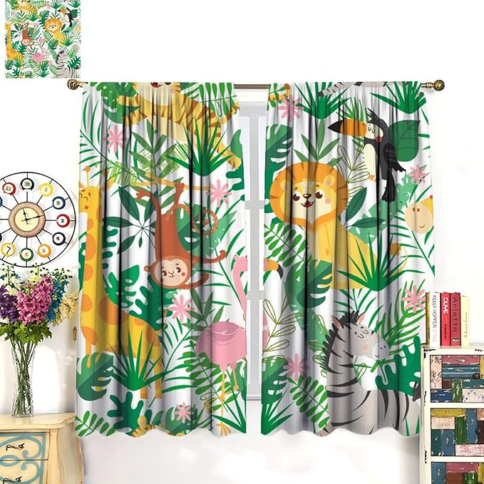 Jungle Animals Curtains Cartoon Cute Lion Giraffe Monkey Zebra Woodland Art Printed for Children Girls Boys Bedroom Nursery Rod Pocket Decoration Window Drapes 2 Panels W36xL63in