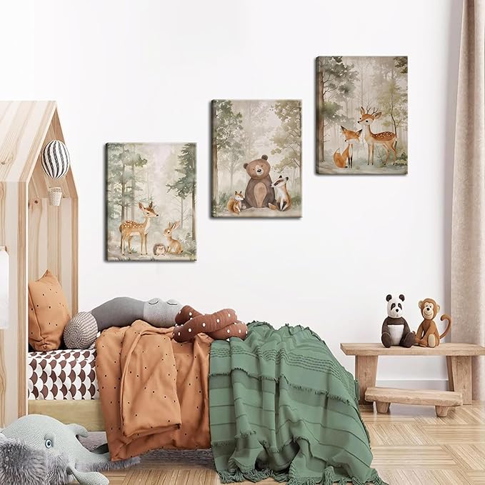 Nursery Canvas Wall Art Set of 3 - Woodland Wild Animals Bear Fox Deer Watercolor Paintings Pictures Wall Decor, Forest Animal Decor for Boys Girls Room Decoration 16x24 inch Framed