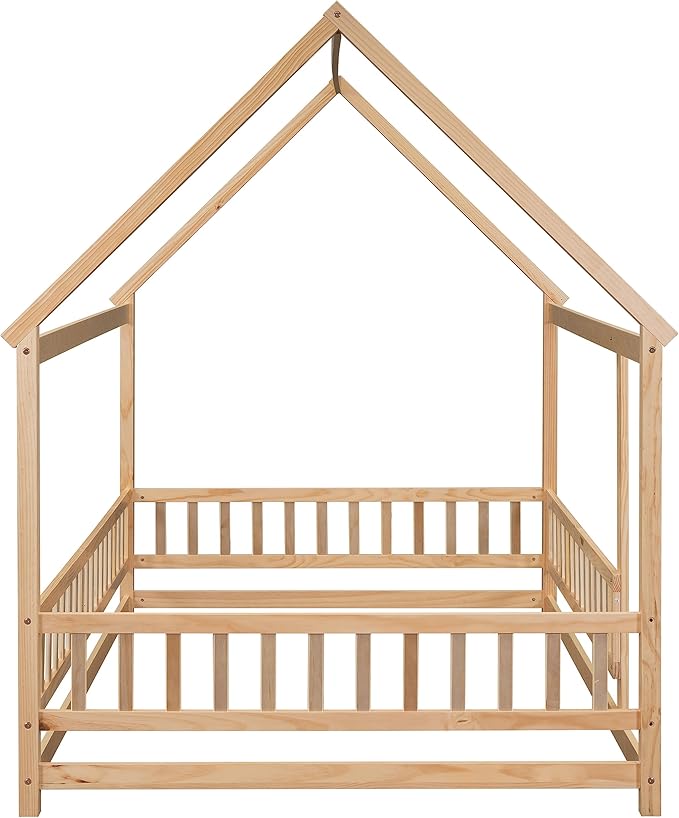 Bellemave Full Size House Bed for Kids,Solid Wood Floor Bed, Montessori Floor Bed with Fence and Roof,Playhouse Full Bed Frame for Girls,Boys(Full,Natural)