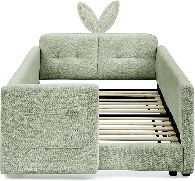 DEINPPA Twin Size Platform Bed Frame with Rabbit Ear Shaped Headboard and Pocket, Boucle Upholstered Bed Frame with Guardrail for Children Kids Boys Girls-Green