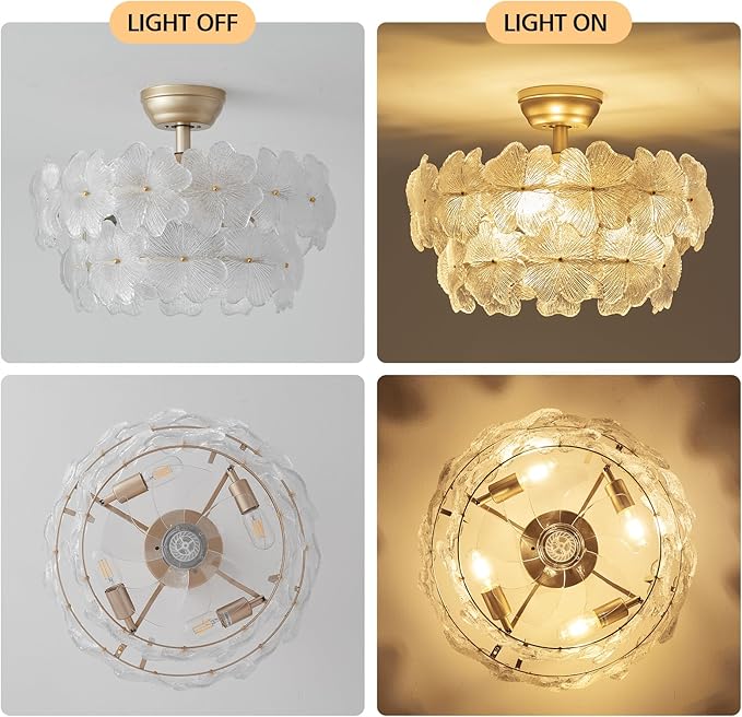 Fandelier Ceiling Fan with Light 20” Gold Flower Chandelier Ceiling Fan with Lihgts Remote Control Modern Crystal for Girl's Bedroom,Nursery,Living Room