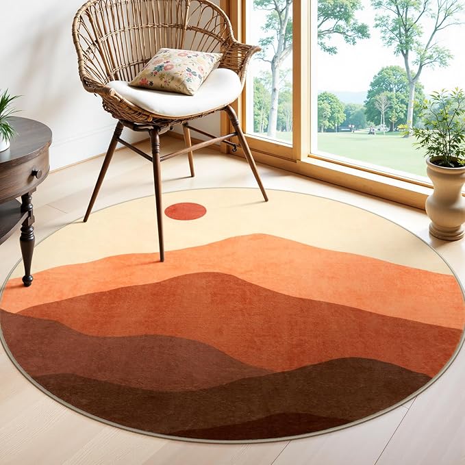 Round Area Rug 4ft, Mountain Circle Rug Print Round Kitchen Rugs Non Slip Washable Entryway Rug, Low Pile Soft Circular Carpet for Living Room Bedroom Decor(Brunt Orange)