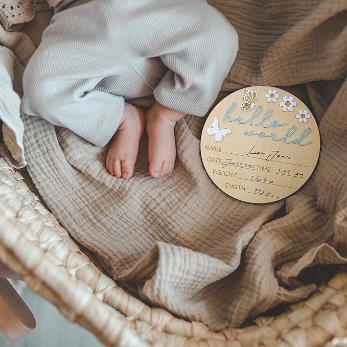 Hello World Newborn Sign - 5.9” Round Wooden Baby Announcement Sign with 3D Butterfly & Flowers - Keepsake Birth Gift for Baby Boy’s First Day, Hospital, Shower, or Nursery Décor (Blue)