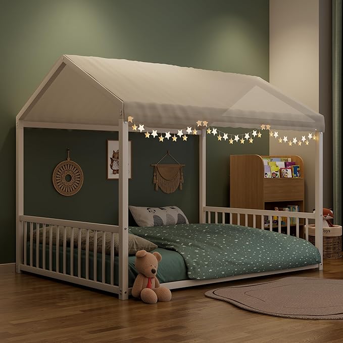 Merax Full Floor Bed Frame, Montessori Style Metal House Shaped Kids Bed with Vertical Safety Guardrails, No Slats, Grounded Design for Kids and Toddlers, Easy Assembly, White