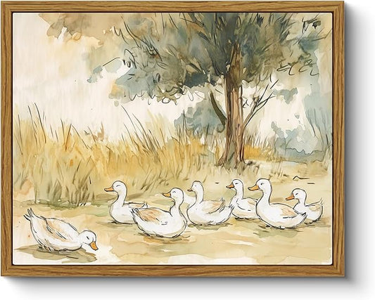 ARPEOTCY Vintage Framed Canvas Wall Art, 8x10inch, Farmhouse Nursery Duck Wall Decor, Rustic Art Prints Home Decor, Cute Duck Illustration Paintings for Living Room Bedroom Office Decoration