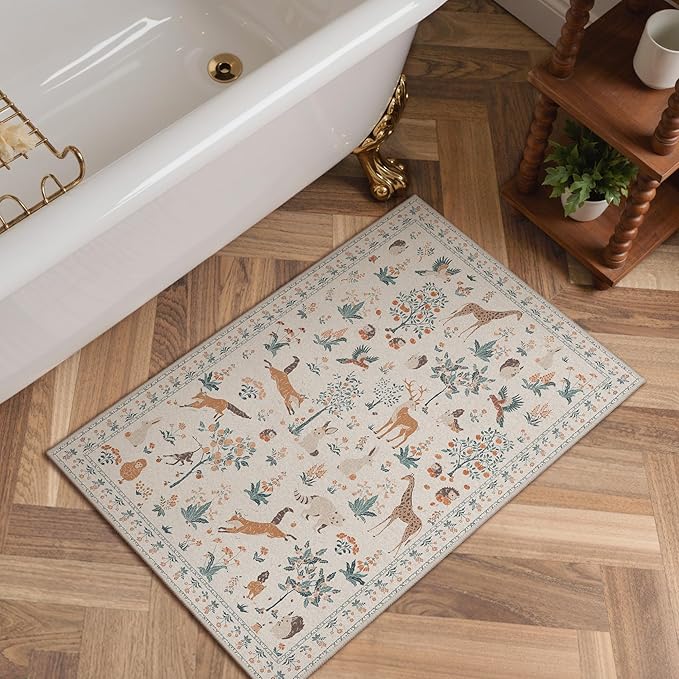 Door Mat Indoor Entrance 2x3 Floral Animal Print Rug Machine Washable Rug, Non Slip Low Pile Throw Indoor Doormat for Entryway, Front Door, Nursery, Beige