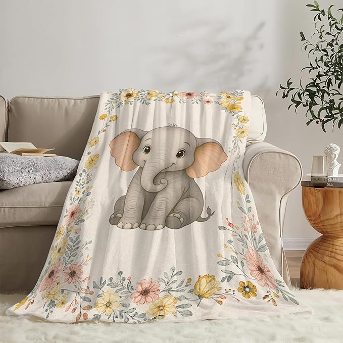 Elephant Blanket Cute Elephant Floral Throw Blanket Soft Cozy Fleece Fuzzy Plush Warm Stuff Bedding Nursery Toddler Baby Blankets Gifts for Boys Girls Kids Adult Men Women 60"X80"