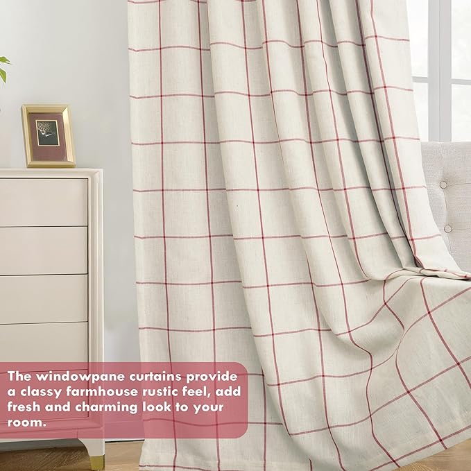 DriftAway 2 Panels 100% Blackout Windowpane Plaid Linen Curtains Double Layer Drapes for Bedroom 72 Inches Long Farmhouse Thermal Insulated 3.25 Inch Rod Pocket Back Tab for Living Room Red