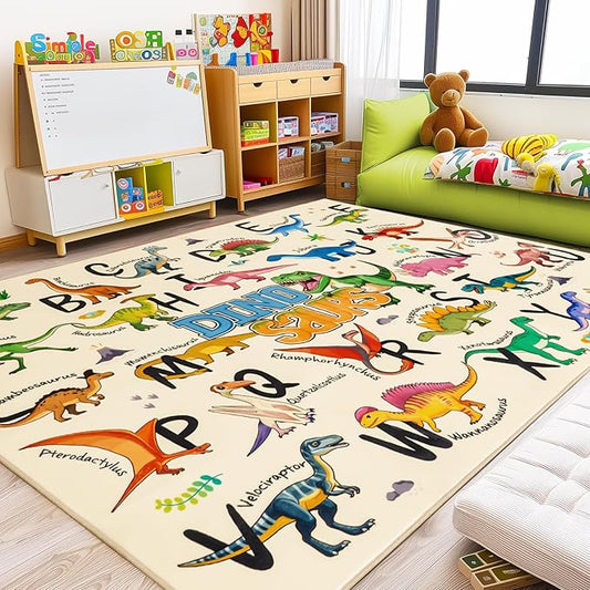 Kids Rugs for Playroom, 8x10 Feet Educational Rug for Learn The ABC Alphabet, Soft Machine Washable Non-Slip Cute Dinosaur Carpet for Classroom Toddler Nursery Kids Room Decor Mat, Beige