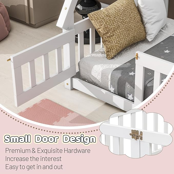 Twin House Bed Frame with Fence Rails and Door,Wood Montessori Floor Bed with Slats Support,Teepee Tent Beds Kids Bed Frames for Girls Boys, White
