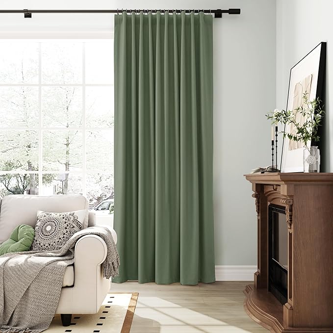 Olive Green Linen 100% Blackout Curtains 72 Inches Long Back Tab Funky Textured Room Darkening Heat Blockingr Noise Reduction Curtain for Living Room Nursery Forest Green 2 Panels Set 52x72