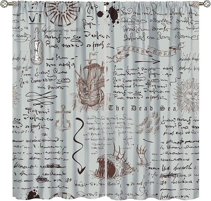 Nautical Theme Window Draperies, Pirate Sailboat Curtains for Bedroom & Living Room, Ocean Window Treatment - Starfish Print, 55x63 Inches, 2 Panels