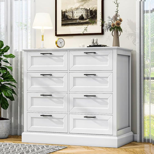 White Dresser for Bedroom, Chest of Drawers, Large Modern Farmhouse Storage for Closet, 8 Drawers Dresser Storage Drawers, 39.3” Tall Wood Clothing Storage with Black Handles
