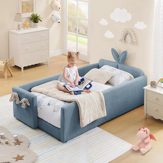 Twin Size Kids Bed with Rabbit Ear Headboard, Upholstered Boucle Fabric Twin Daybed with Slats Support & Side Pockets, Space-Saving Wooden Corner Sofa Couch Bed Frame, for Girls, Boys, Teenager(Blue)