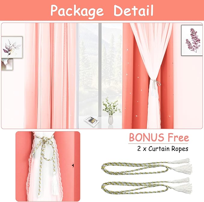 Kinryb Princess Curtains for Girls Bedroom with Sheer Overlay,Double Layer Curtain for Living Room with Star Cutout, Curtains for Kids Room (52 W*72 L Inches,2 Pcs Coral)
