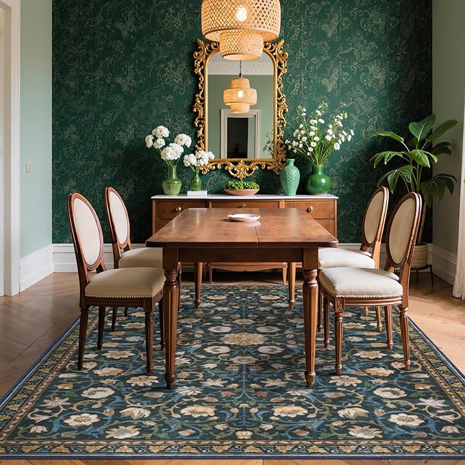 Anidaroel Floral Living Room Rugs 8x10, Washable Large Area Rug for Dining Room Soft Boho Bedroom Rug, Vintage Dark Green Carpet Low Pile Stain Resistant Floor Carpet for Home Office
