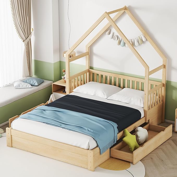 Wood Queen Size House Platform Bed with Safety Fence, Montessori Platform Bed with House Shape Headboard and 2 Drawers for Kids Boys Girls, Sturdy Slats Support (Natural-Q)