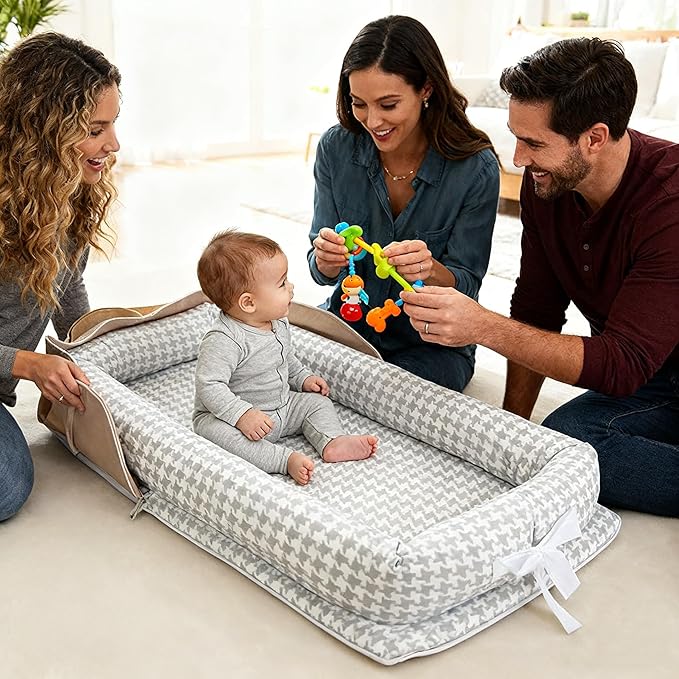 Baby Lounger for Newborn Portable Bag,Baby Nest Play Gym mat with Strap,Newborn Lounger Adjustable Size & Inner Zipper Lengthen Space to 24 Months(Gray Thousand Bird Check)