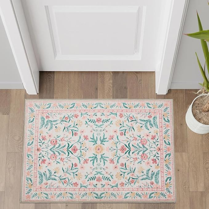Pink Entryway Rug 2x3, Floral Distress Print Carpet, Low Piles Indoor Rugs, Washable Door Mat, Living Room Entrance Traditional Distressed Retro Accent Throw Rug, Non Slip Perfect for Office Bathroom
