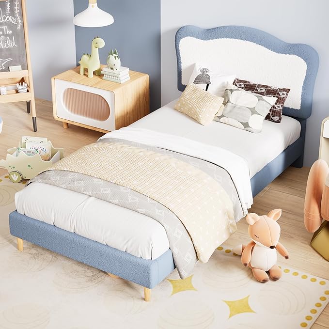 GarveeHome Full Bed Frames for Kids with Soft headboard, Velvet Low Bed Frame for Girls, Boys, No Box Spring Needed, Wooden Slats, Noise Free, Sturdy, Easy Assembly, Blue White