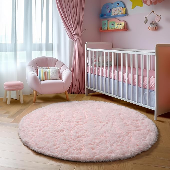 Amdrebio Pink Round Area Rugs 8Ft for Living Room, Bedroom Decor, Soft Large Circle Rug for Kids Room, Teen Girls, Fluffy Big Carpets for Baby Nursery, Dorm, Classroom, Cute Kawaii Princess Carpet