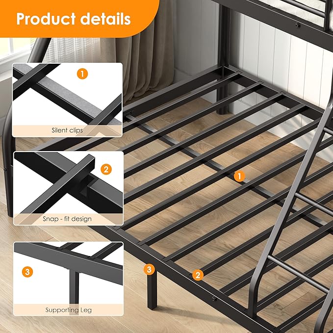 Twin Over Full Bunk Bed for Adults, Metal Bunk Beds Twin Over Full Size for Teens Dorm Bedroom Guest Room, Heavy Duty Bunk Beds with Ladder & Guardrail, No Box Spring Needed, Black