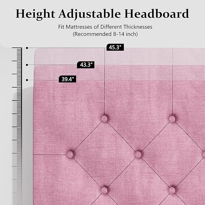 BarnFurin Queen Bed Frame, Upholstered Platform Bed with Button Tufted Headboard, Fabric Queen Size Beds with Wooden Slats Support, No Box Spring Required, Easy Assembly, Pink