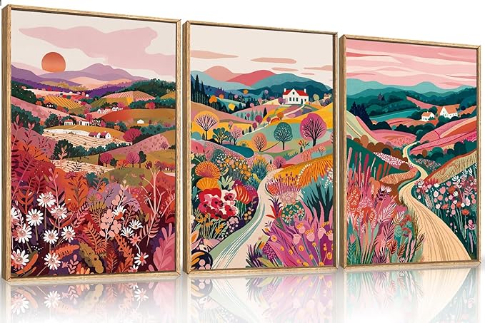 HLNIUC Boho Colorful Wall Art, Floral Mountain Framed Decor(16"x24"), Abstract Wildflower Nature 3 Piece Canvas Painting, Botanical Sunset Forest Art Print for Living Room, Bedroom, Office