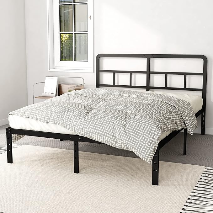 14 Inch Queen Bed Frame with Headboard No Box Spring Needed, Heavy Duty Metal Queen Size Platform with Steel Slat, Mattress Foundation, Easy Assembly, Noise Free, Black