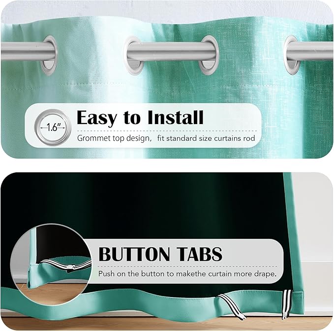 100% Blackout Curtains with Sheer Overlay Mix and Match Double Layer Drapes 90 Inch Long 2 Panels for Bedroom Living Room Teal White Ombre Grommet Window Treatment with Tiebacks